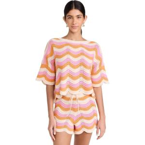 image:imageLSpace Make Waves Sweater for Women Knit Top with Scalloped Hem Oversized Fit Loose Short Sleeve Top Made of 100 CottonCatching Sunsets