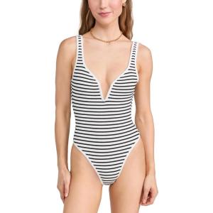 image:imageLSpace Coco One Piece Swimsuit for Women Flattering Classic Coverage with Deep V Neck Open Back and High Leg CutSail Along Stripe