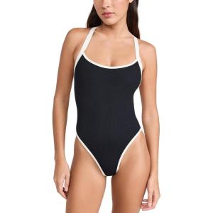 image:imageLSpace Ribbed Baewatch One Piece Swimsuit for Women Classic Coverage Low Back with Criss Cross Straps amp Scoop NeckBlack and Cream