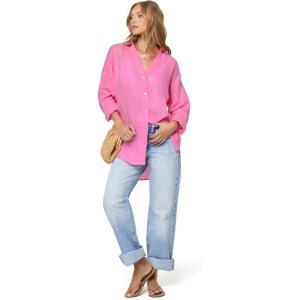 image:imageLSpace Rio Tunic for Women Button Down Collared Shirt Long Sleeve Top With Buttoned Cuffs Beach Cover Up 100 LinenHottest Pink
