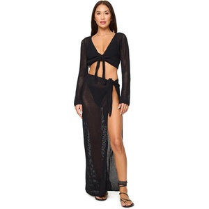 image:imageLSpace Los Cabos Top Crochet Long Sleeve Tie Front Top OpenKnit Beach CoverUp with Bell Sleeves 100 CottonBlack