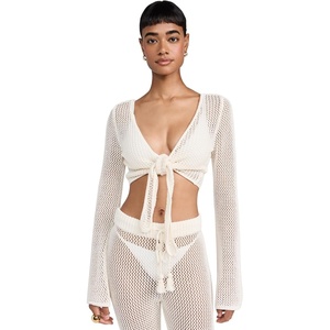 image:imageLSpace Los Cabos Top Crochet Long Sleeve Tie Front Top OpenKnit Beach CoverUp with Bell Sleeves 100 CottonCream