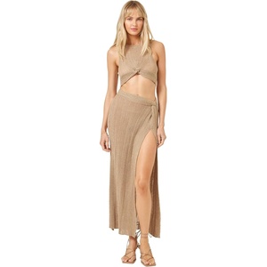 image:imageLSpace Heart of Gold Skirt for Women Vargiated Rib Knit Maxi Skirt Featuring a High Leg Slit and Twist at The WaistMetallic Gold